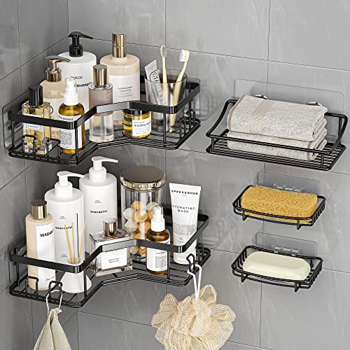 MAXIFFE Corner Shower Caddy, 5-Pack Shower Caddy, Large Capacity Stainless Steel Bathroom Shower Organizer Shower Shelves with 8 Hooks, No Drilling & Rustproof, Shower Shelf for Inside Shower, Black