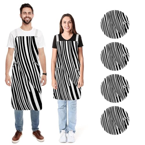 Lot de 2 tabliers de cuisine à rayures noires et blanches et fleurs imperméables