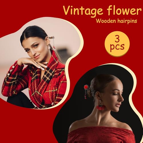 3Pcs Chinese Hair Sticks, Wooden Japanese Hair Chopsticks for Women, Asian Retro Flower Tassel Updo Hairpin Chopsticks, Handmade Classic Geisha Hairs Accessories for Long Hairs (Black Red) - Thumbnail 5