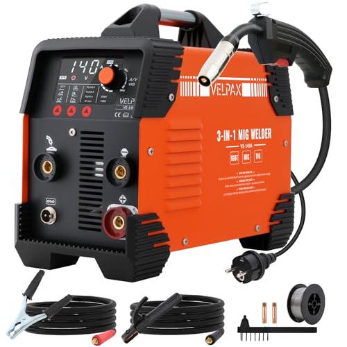 140A 230V MIG Welder Gasless 3 in 1 Welding Machine Flux Core Welder Portable Welder with IGBT Inverter Smart Digital LED Dispaly and Welding Rods Flux Wires (Orange)