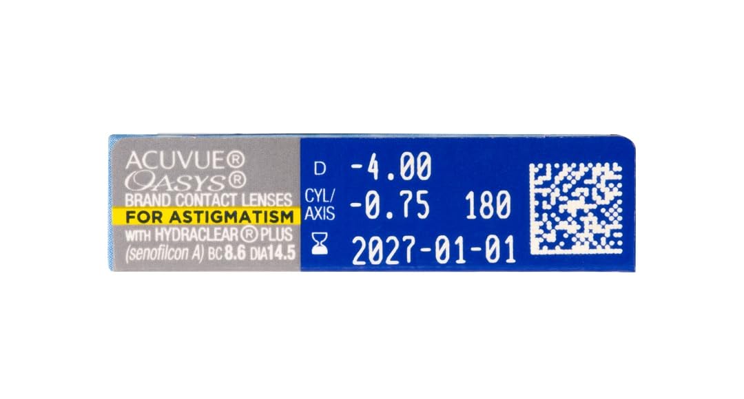 ACUVUE OASYS for Astigmatism Kontaktlinsen – 2-Wochen-Linsen für Tag und Nacht mit -3,25 dpt, Cyl -0,75, Ach 100 und BC 8.6 – UV Schutz, Austrocknungsschutz und Komfortables Tragegefühl – 6 Linsen