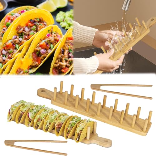 Soporte para Tacos, 2 Piezas Soportes para Tacos de Madera Soporte para Tacos de Bambú con Clip Tiene Capacidad para 16 Soportes para Tacos para Sándwiches, Pan, Perritos Calientes y Panqueques