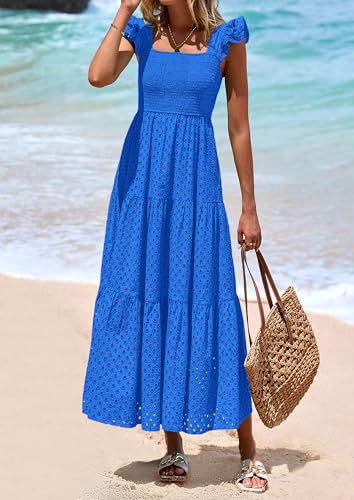 Image of PRETTYGARDEN Womens Summer Square Neck Maxi Dresses Cap Sleeve Eyelet Smocked Tiered A Line Flowy Long Dress with Pockets
