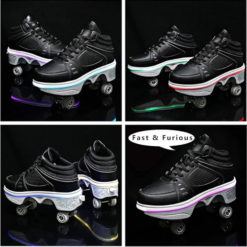 Image of Automatic Shoes Double-Row Deform Wheel Skate for Walking and Skating Invisible Deformation Roller Parkour Retractable Children's Shoes That Turn Into Rollerskates (36, LED Black)