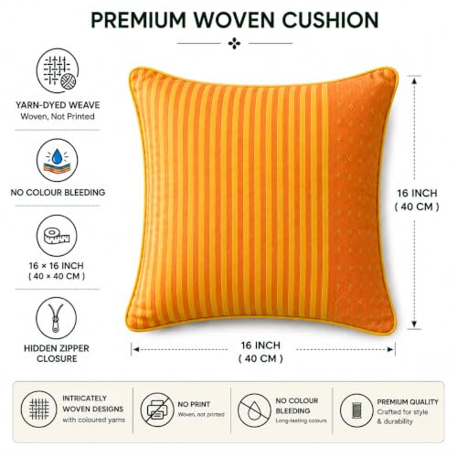 Image of RANGBHAR Handloom 100% Cotton Cushion Cover Set of 2 | Cushion with All-Around Piping for Premium Finish | 16x16 Inches Hand Woven Striped Cushion Covers - Orange Yellow