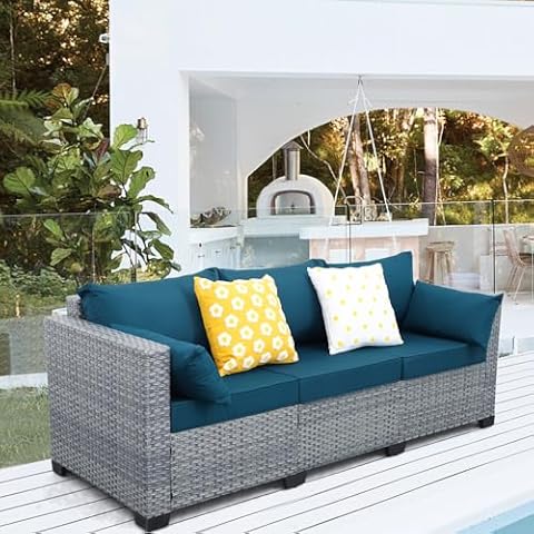 Lviden Wicker Patio Couch, Outdoor 3-seat Sofa, All Weather PE Rattan, Deep Seating Deck Furniture Set with Peacock Blue Cushions Cover
