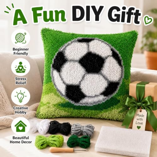 Image of clubevy DIY Latch Hook Kits Pillow Case Embroidery Carpet Set Needlework Pillow Cover Sofa Cushion Cover Craft Kits 17x17 inch (4158football)