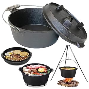 Dutch Oven 9.5 Quart with Feet, Dutch Oven Iron Pot with Dual Function Flanged Lid Skillet, Lid Lifter Handle, perfect for Camping Home Cooking BBQ Baking
