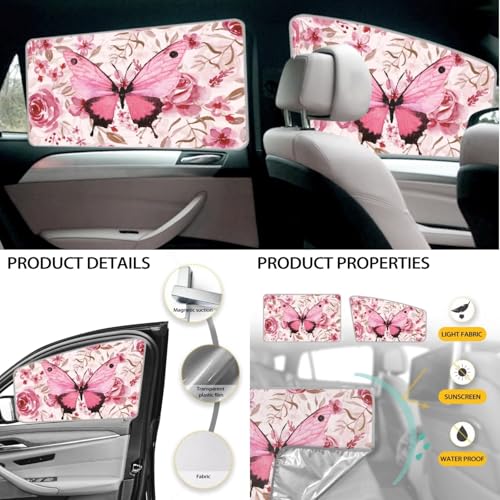 Image of Pink Butterfly Car Sun Shade for Windshield 6 Pack Sun Shield for Side Window Sunshade Blocks UV Rays Easy to Install Car Interior Accessories Sun Protection for Cars