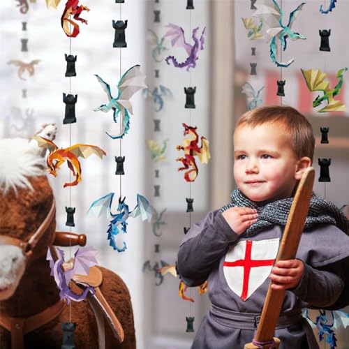 Image of Cheerland Dragon Party Decorations Dragon Garland Medieval Hanging Decorations Medieval Party Decor Castle Birthday Decoration Geometric Fantasy Fire Wings Banner Renaissance Theme Backdrop 6Pcs