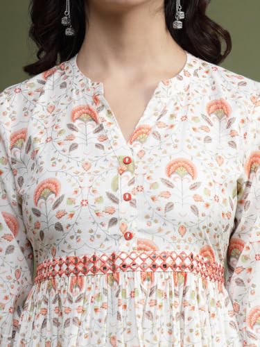 Image of Rama's Women's Printed Cotton One Piece Dress | V-Neck | 3 /4 Sleeves | Empire Waist | Knee Length Casual Dress for Women