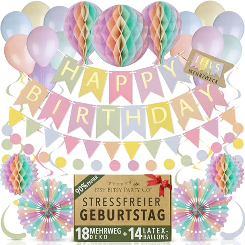 Premium Wiederverwendbare Geburtstagsdeko - Pastell Party Deko Kindergeburtstag Deko Geburtstag & Party Zubehör - Happy Birthday Girlande Wimpelkette Geburtstag Pompons Deko Pastell Luftballons