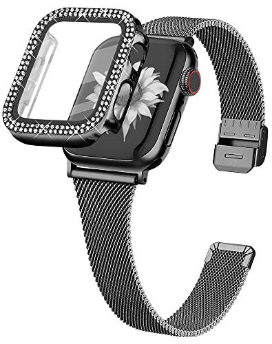 Joyozy Slim Stainless Steel Band Compatible with Apple Watch 38mm 40mm 41mm 42mm 44mm 45mm 46mm Milanese Strap with Bling Glitter Case Built-in Screen Protector Dressy Bracelet Band for Women (Black 45mm)