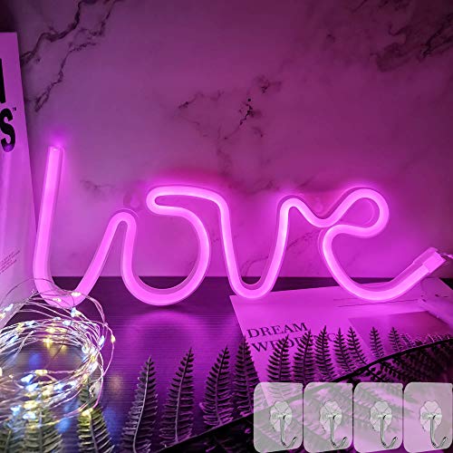 YIVIYAR LOVE Neon Sign LED Neon Lights with 4 Hooks, Pink LOVE Neon Light Sign for Wall Decor Battery/USB Operated LED Sign for Bedroom Neon Night Light Pink Decor for Living Room,Wedding,Party(LOVE)