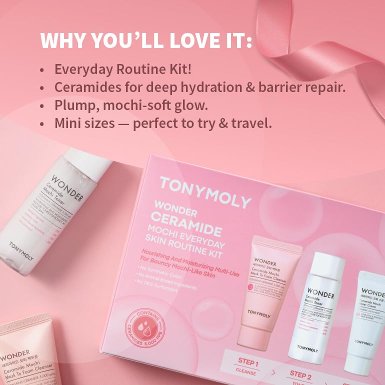 Image of TONYMOLY Wonder Ceramide Mochi Everyday Skin Routine Kit - 3-Piece Mini Korean Skincare Gift Set with Mask-to-Foam Cleanser, Milky Toner & Water Cream - Travel Size Barrier Repair Routine for Dry, Sensitive Skin