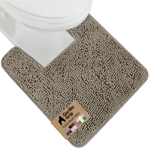 Image of GORILLA GRIP Plush Absorbent Shaggy Chenille Bath Rug Mat for Square Toilet Base with Rubber Backing, Machine Washable Rugs, Soft Microfiber Contour Mats for Toilets, Bathroom Decor, Latte