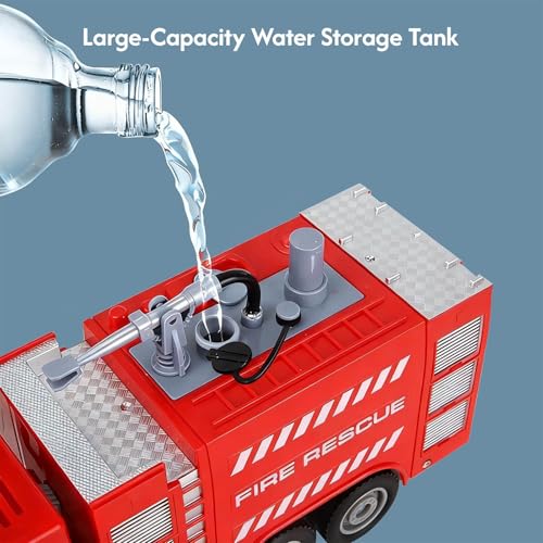 لعبة شاحنة اطفاء متعددة الوظائف للاطفال مع بخاخ ماء مقلد وصوت امن ومتين ومنصة دوارة 360 درجة وسيارة لعب الادوار تعمل بالقصور الذاتي للاولاد والبنات