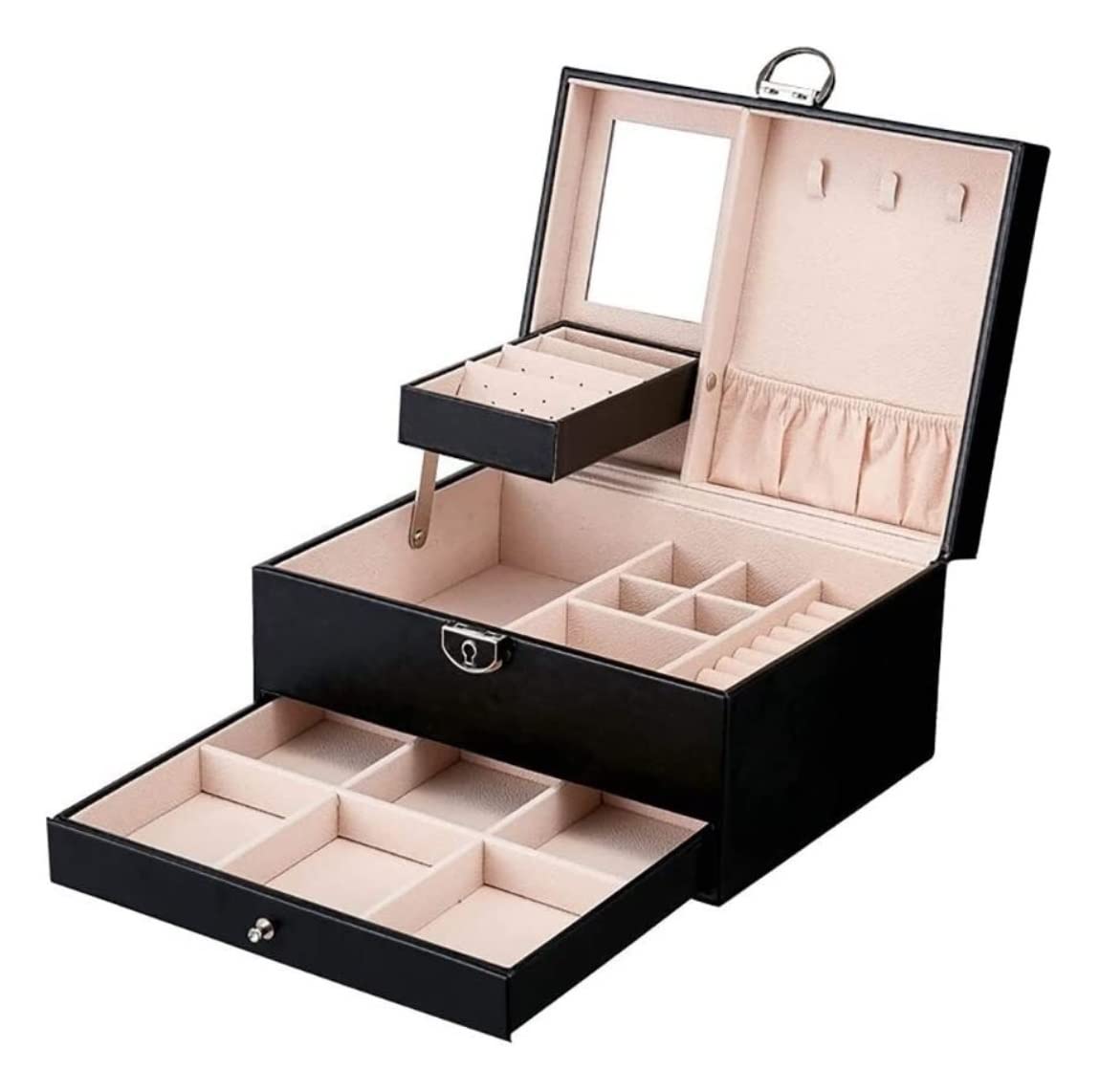 TIANQIHAO Jewelry Box Jewellery Box Lockable Jewelry Box Organizer With Mirrored Drawers Jewelry Storage Case Earrings Rings Display Case Jewellry Holder,Black-22.5 * 17 * 12cm