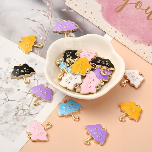 Stiesy 30Pcs 6 Colors Enamel Umbrella Charms Pendants Cute Cat Shape Umbrella Charms Colorful Umbrella Dangle Charms for Jewellry Making DIY Crafts - Image 3