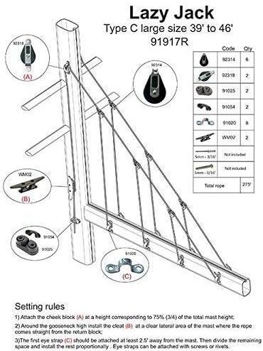 Nautos 003R SPLICE - LAZY JACK SYSTEM C - LARGE SIZE- with ROPE INCLUDED and SPLICED - RECOMMENDED for BOATS from 39 to 46 FEET