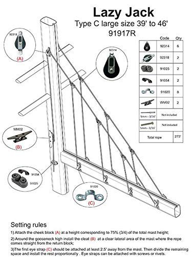 Nautos 003R SPLICE - LAZY JACK SYSTEM C - LARGE SIZE- with ROPE INCLUDED and SPLICED - RECOMMENDED for BOATS from 39 to 46 FEET