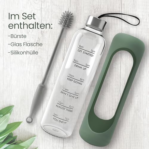 Amalindo Trinkflasche Glas 1L – kohlensäuregeeignet – mit Bürste & Silikonhülle – Olivgrün 6