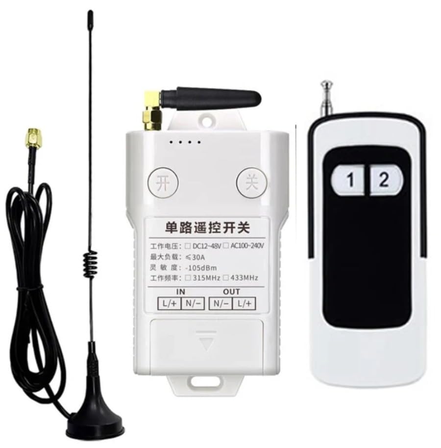 Interruptor remoto inalámbrico de alto rendimiento 433 MHz CC 12 V/24 V/48 V 30 A 20 – 100 m para fábrica, granja, oficina, extractor, bomba, lámpara de techo (1RF)