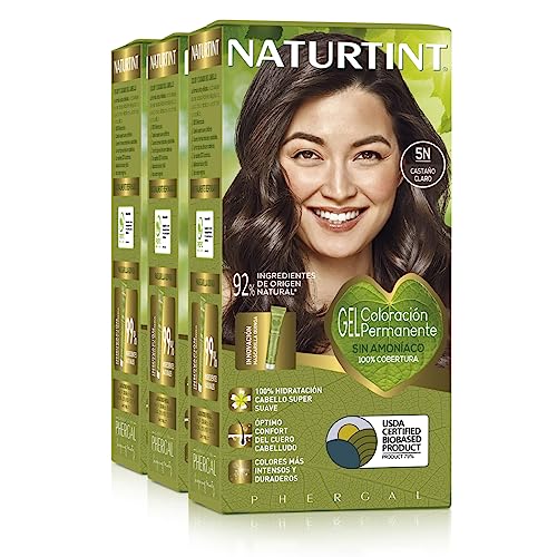 Naturtint Biobased | Coloración sin amoniaco | 100% cobertura de canas | Ingredientes vegetales | Color natural y duradero | 5N Castaño Claro | Pack de 3 |