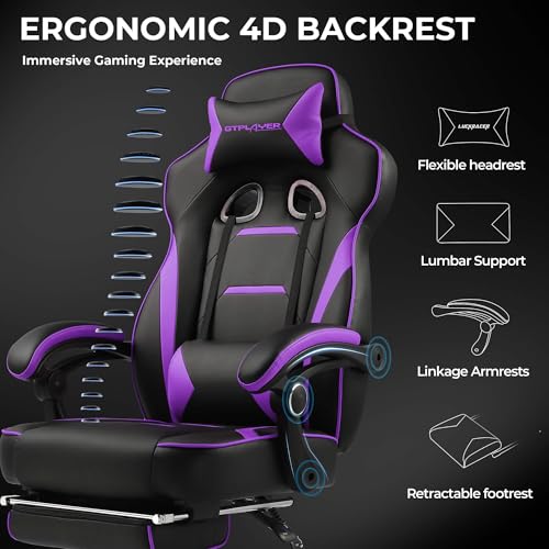 GTPLAYER Gaming Chair with Footrest, Big and Tall Game Chair 350lb Racing Style Computer Chair, Ergonomic Executive Office Chair High Back with Lumbar Support and Recliner, Purple