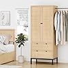 Brafab 74 natural rattan woven wardrobe armoire closet with hanging rod natural wooden armoires storage cabinet with large drawers and adjustable shelves tall freestanding wooden closet for bedroom  urban country home decor