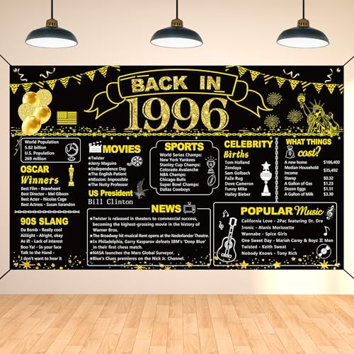 Image of DARUNAXY 30th Birthday Black Gold Party Decoration, Back in 1996 Banner 30 Year Old Birthday Party Poster Supplies Vintage 1996 Backdrop Photography Background for Men & Women 30th Class Reunion Decor