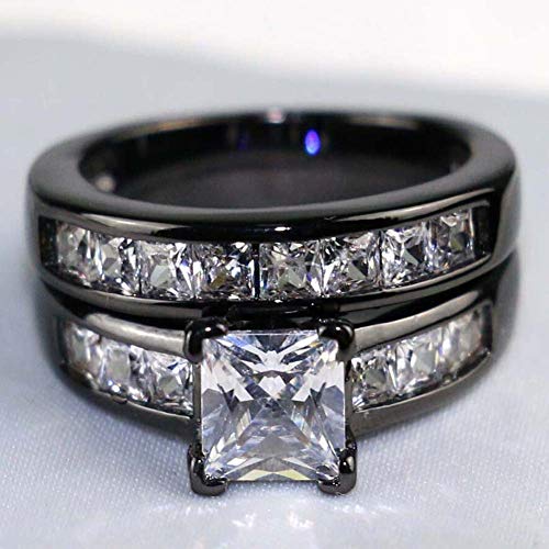 Couple Ring Bridal Sets His Hers Women Black Gold Plated Square CZ Men Stainless steel Band Wedding Ring Band Set4