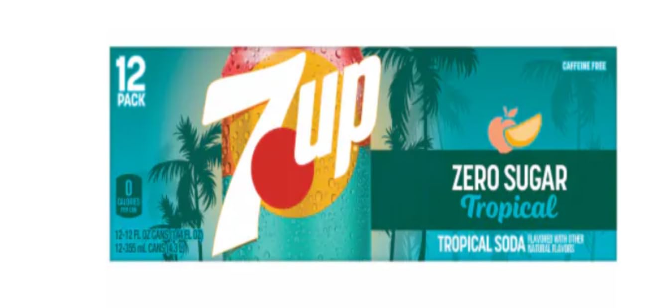 (12 Pack) 7_up Tropical Zero Sugar Caffeine Free Lemon Lime Mango Peach Soda Cans - 12 Fl Oz