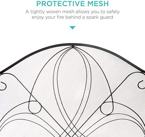 Best Choice Products 3-Panel 55x33in Solid Wrought Iron See-Through Metal Fireplace Screen, Spark Guard Safety Protector w/Decorative Scroll - Black