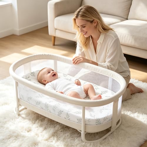 Image of Organic Baby Bassinet Sheets 2 Pack 33 inchx17 inch 100% Muslin Cotton for Baby Girl Boy, Soft Fitted Mattress Pad Cover Compatible with Halo BassiNest Swivel Sleeper, Graco, Baby Delight, Chicco, Angelbliss