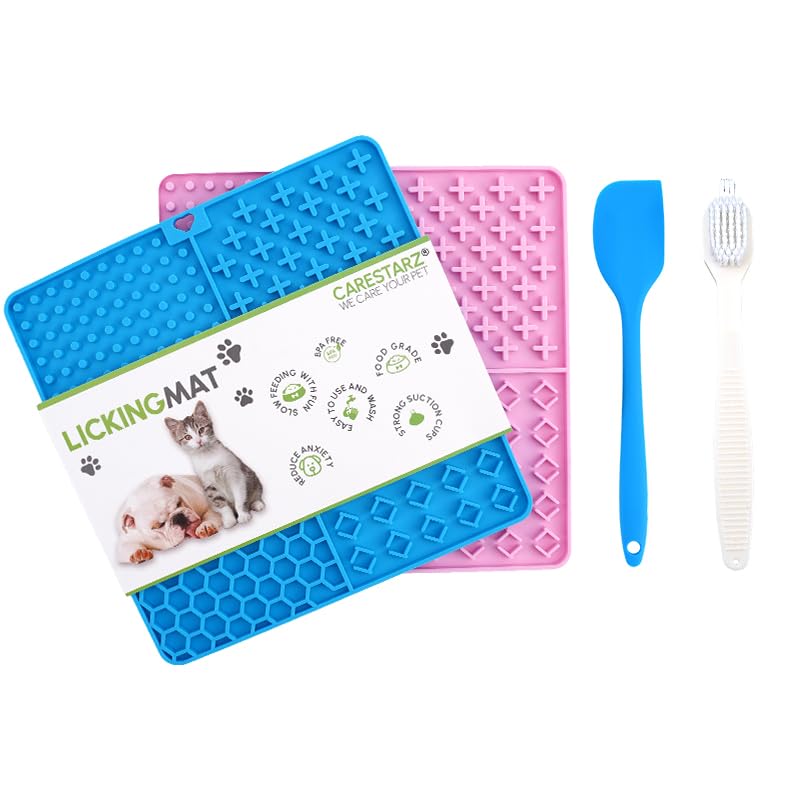 2Pcs Licky Mats for Dogs with Silicone Spatula and Brush - Slow Feeding Licking Mat, Anti-slip, Food Grade for Boredom - Anxiety Relief, Ideal for Treats(Blue- Pink,19.5x19.5 CM)
