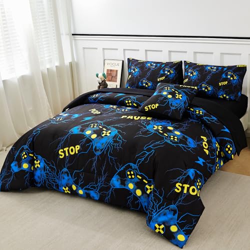 Image of ZRNBAST Gamer Bedding Set Queen Size, Blue Lightning Video Game Comforter Set with Sheets, 6 Pieces Bed in a Bag for Boys, Gamepad Gaming Bedrooom Bed Set(Blue,Queen)