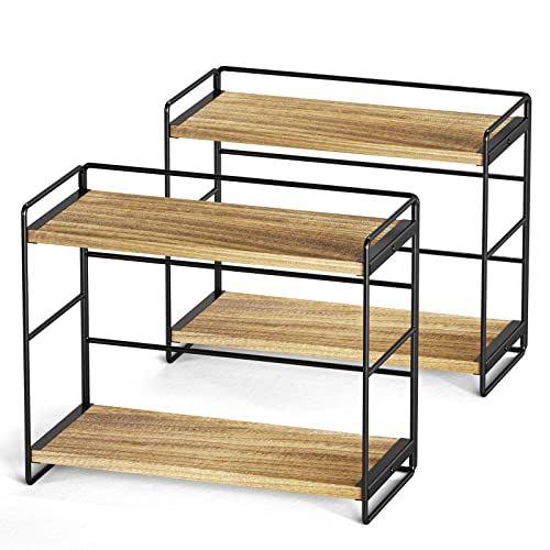 SRIWATANA 2 Pack Bathroom Counter Organizer, 2 Tier Countertop Organizers, Kitchen Counter Shelf Spice Rack Countertop Storage Wood Shelf - Carbonized Black