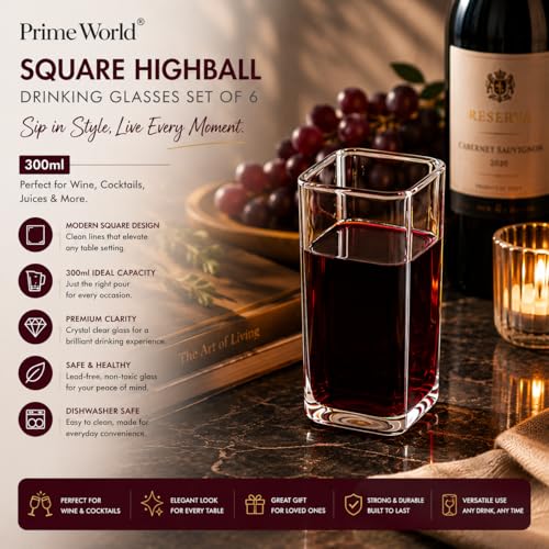 Image of PrimeWorld Square Highball Drinking Glasses Set of 6 (300ml) | Thin Glass Tumblers for Water, Wine, Cocktails, Coffee & Milk | Lead-Free, Dishwasher Safe Bar Glassware