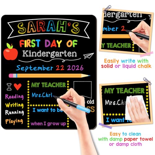 First & Last Day of School Signs with 6 Writing Pens, 10 x 12 Inch Double Sided Back to School Board for Kids/Girls/Boys, Reusable Wooden 1st Day of Preschool/Kindergarten Photo Props