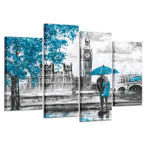 Kreative Arts X-Large 4 Panel Canvas Oil Painting Romantic Umbrella Oil Painting Wall Art Black and Blue London Big Ben Cityscape Decor Modern Giclee Artwork for Living Room (Big Ben Blue, X-Large)â€¦