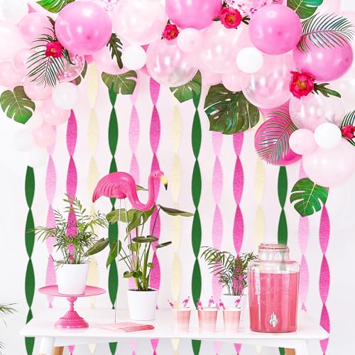 Image of Pink and Green Crepe Paper Streamers 8 Rolls 656ft Party Streamers for Hawaiian, Flamingo, Witch Theme Party, Birthday and Wedding Decorations