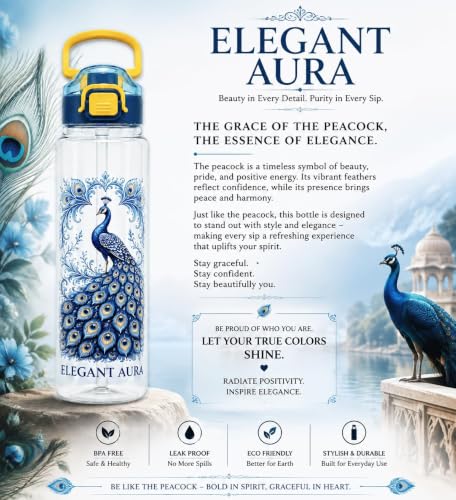 Image of Elegant Aura Peacock Printed Water Bottle 1 Litre with Straw & Gulp Drinking