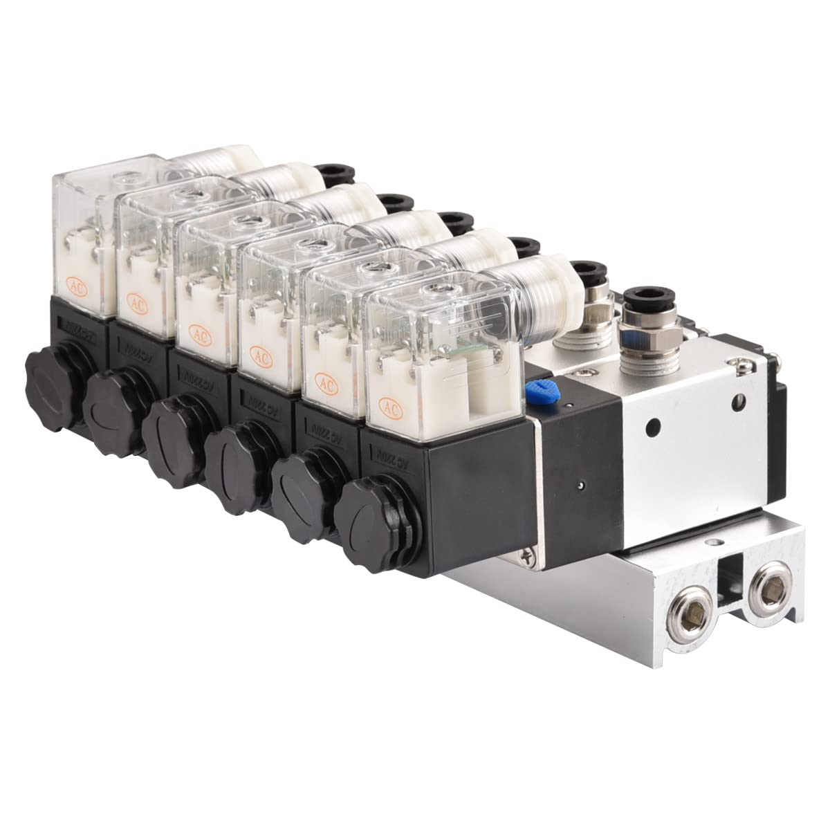 Heschen Elektryczny pneumatyczny 6 zaworów elektromagnetycznych, 3V210-08, AC220V, PT1/4, 3/2-drożny, zestaw szybkozłączki podstawy kolektora