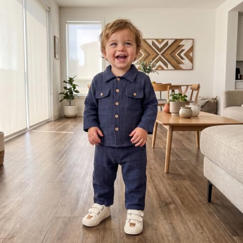 Image of VISGOGO Toddler Boy Linen Outfit Baby Boy Fall Winter Clothes Set Button-Down Shirt Tops Cotton Linen Pants 2PCS