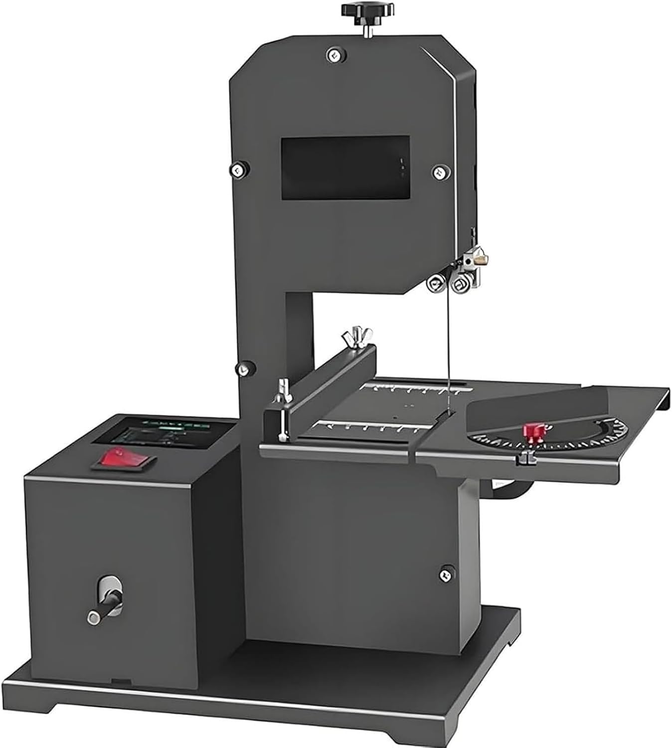 Sierra de cinta, motor de 800 W, mesa de trabajo de metal inclinable de 0 a 45 °, profundidad de corte de 70 mm, garganta de 90 mm para curvas y cortes rectos, máquina de corte de madera para talleres