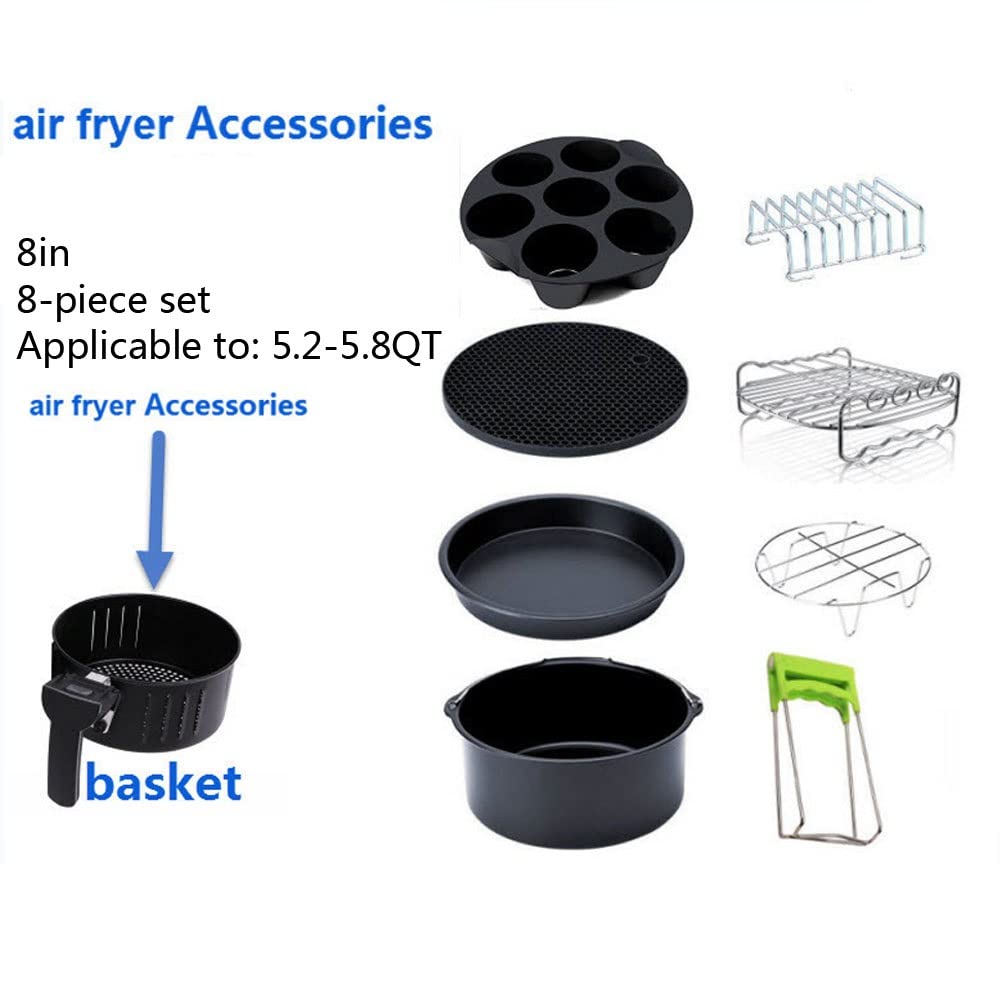 8 Pulgadas Kits De Accesorios Universales Para Freidoras De Aire Juego De 5 Para Todas Las Marcas De Freidoras Profundas De 5.2-5.8QT Incluye Barril Para Pasteles, Parrilla, Alfombrilla De Silicona
