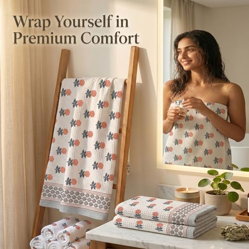 Image of Mafatlal Madhuban Super Absorbent Cotton Set (1 Bath 147x76 cm + 2 Hand 76x38 cm) | 250 GSM | Hand Printed Floral | Tea Rose