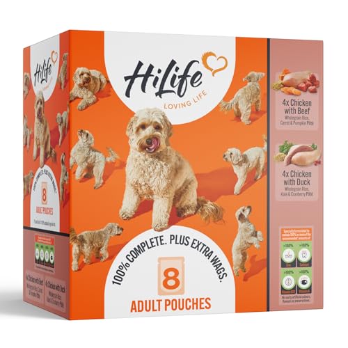 HiLife Adult Wet Dog Food Mixed Chicken & Meat Recipes Complete Dog Food Pouches 100% Natural Ingredients Chicken with Beef & Duck (24 x 150g Pouches)
