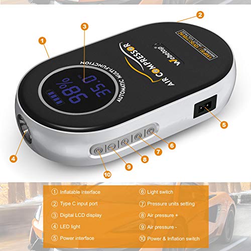 Webetop Tire Inflator Portable Air Compressor with 2000mAh Rechargeable Li-ion Battery LED Light Air Pump for Car Tires, Bicycles, Motorcycle, Balls and Other Inflatables - Thumbnail 2